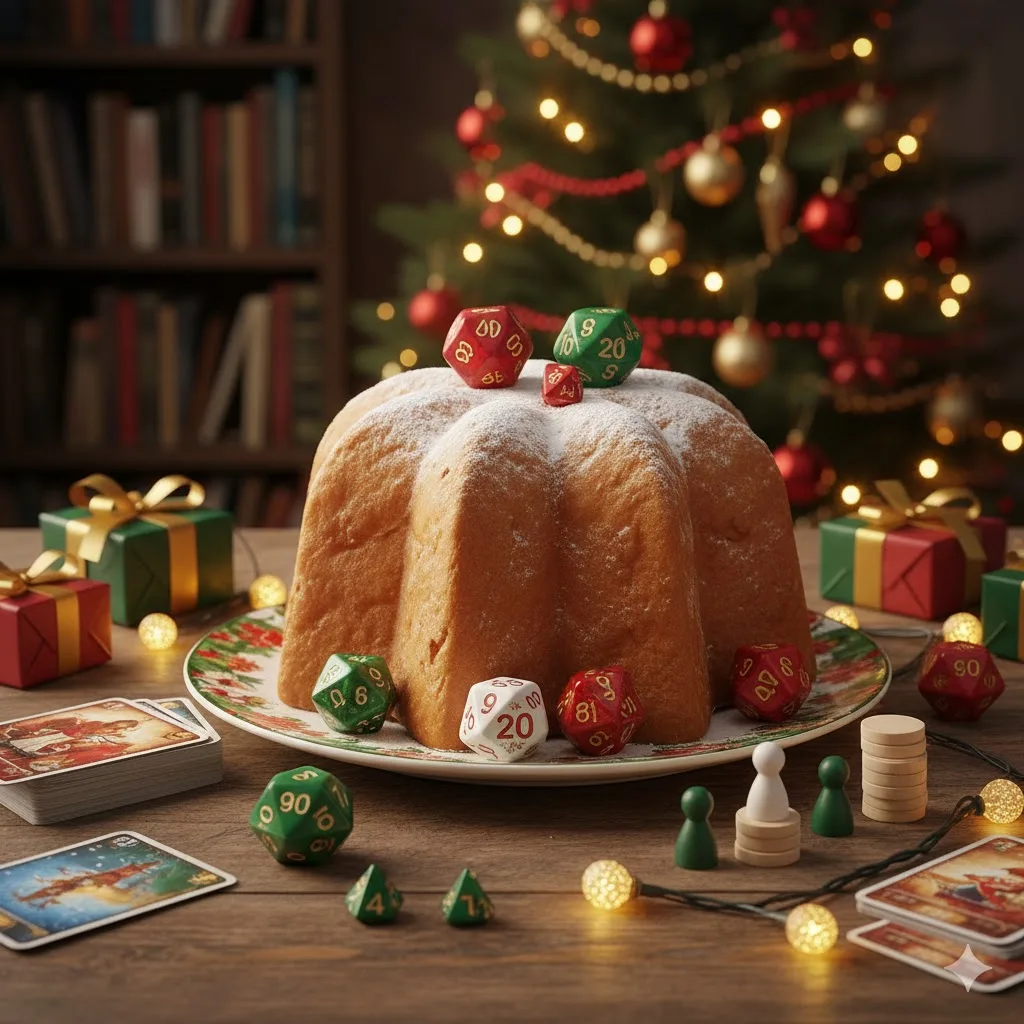 Un pandoro tra i dadi e le luci dell'albero di Natale